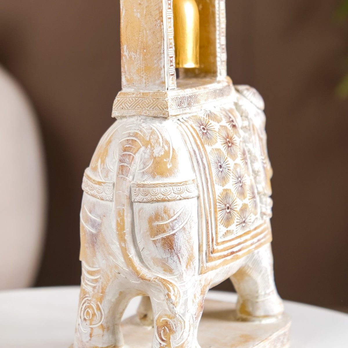 Decorated Elephant With Gold Bell Showpiece White Nestasia