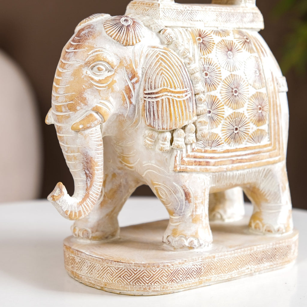 Decorated Elephant With Gold Bell Showpiece White Nestasia