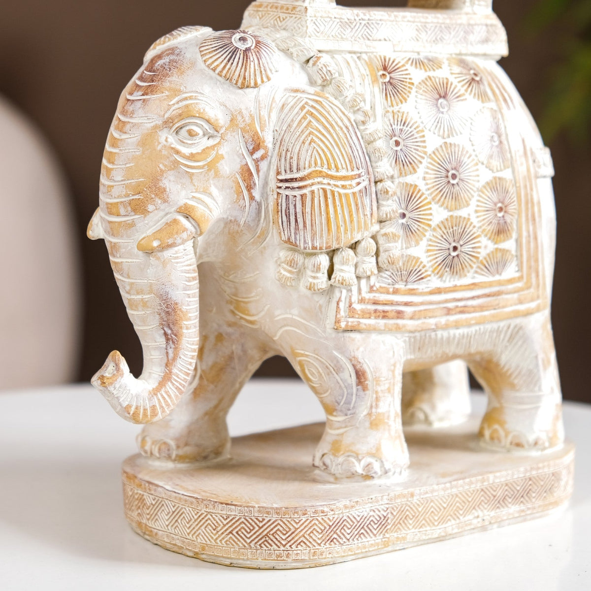 Decorated Elephant With Gold Bell Showpiece White Nestasia