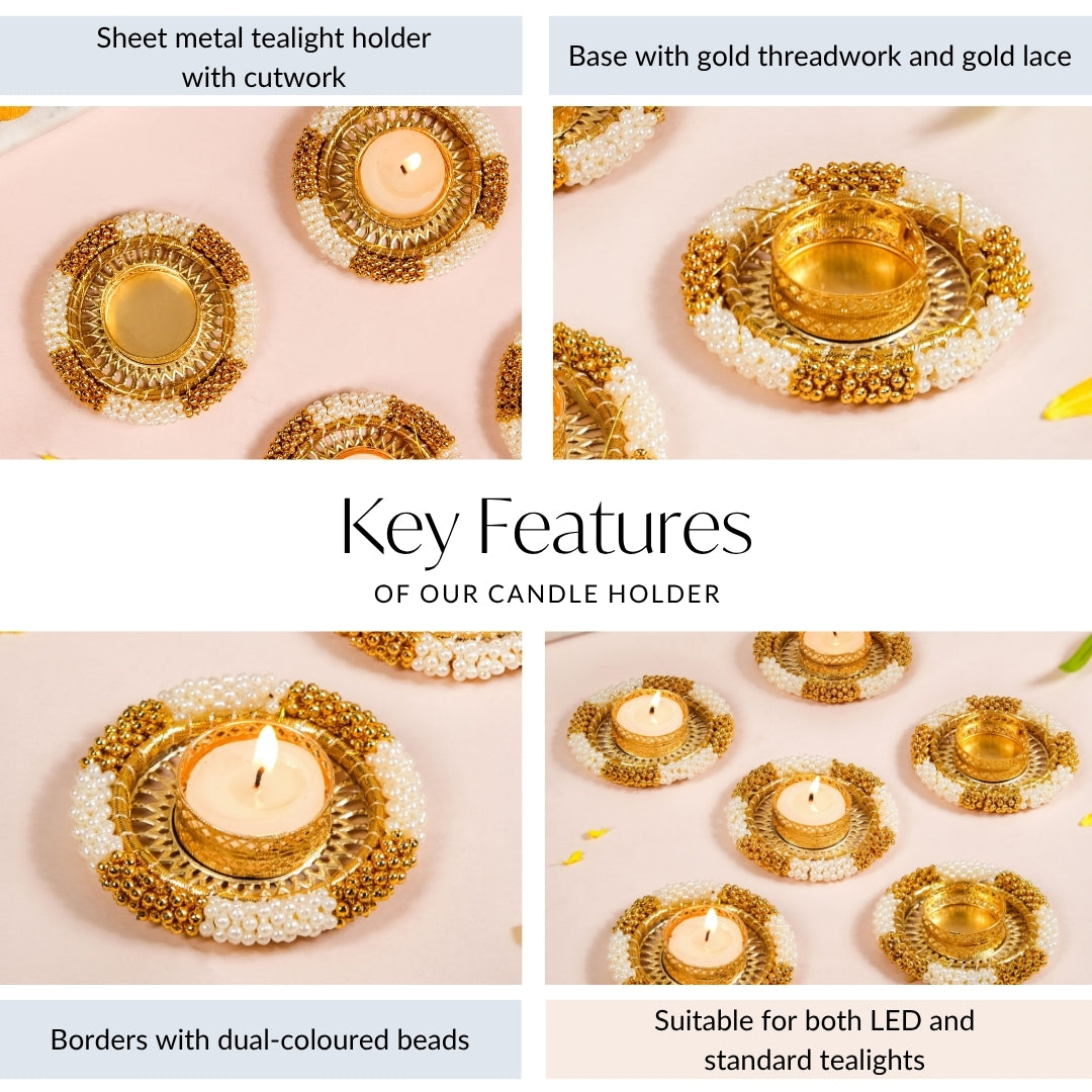 Decorative Pearl Gold Beaded Tealight Holders Set Of 6 Nestasia