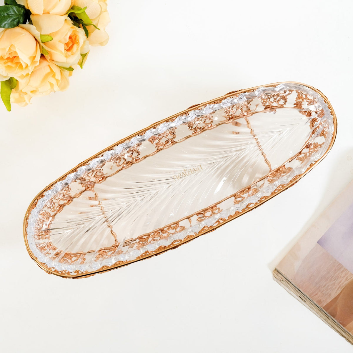 Ornate Metal Glass Decorative Boat Tray Nestasia
