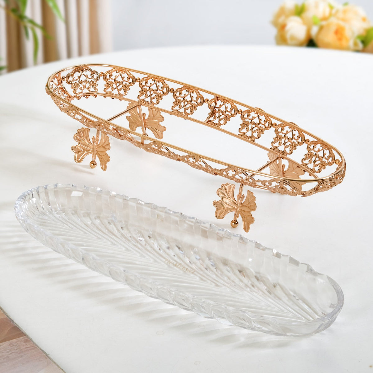 Ornate Metal Glass Decorative Boat Tray Nestasia