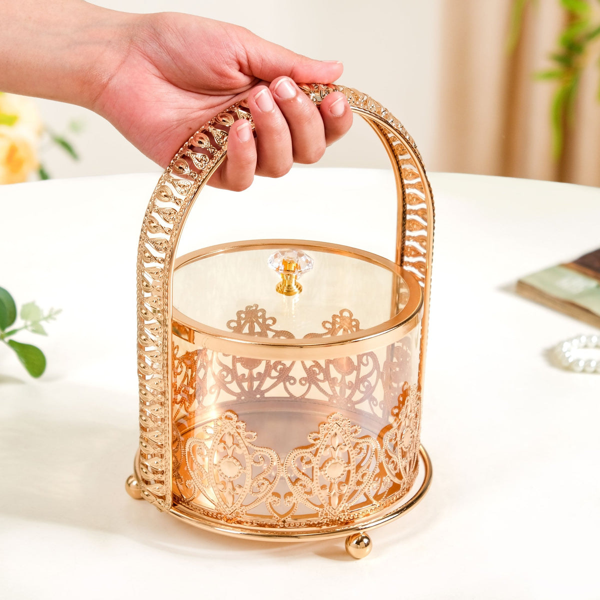 Decorative Glass Candy Jar With Handle And Lid Nestasia