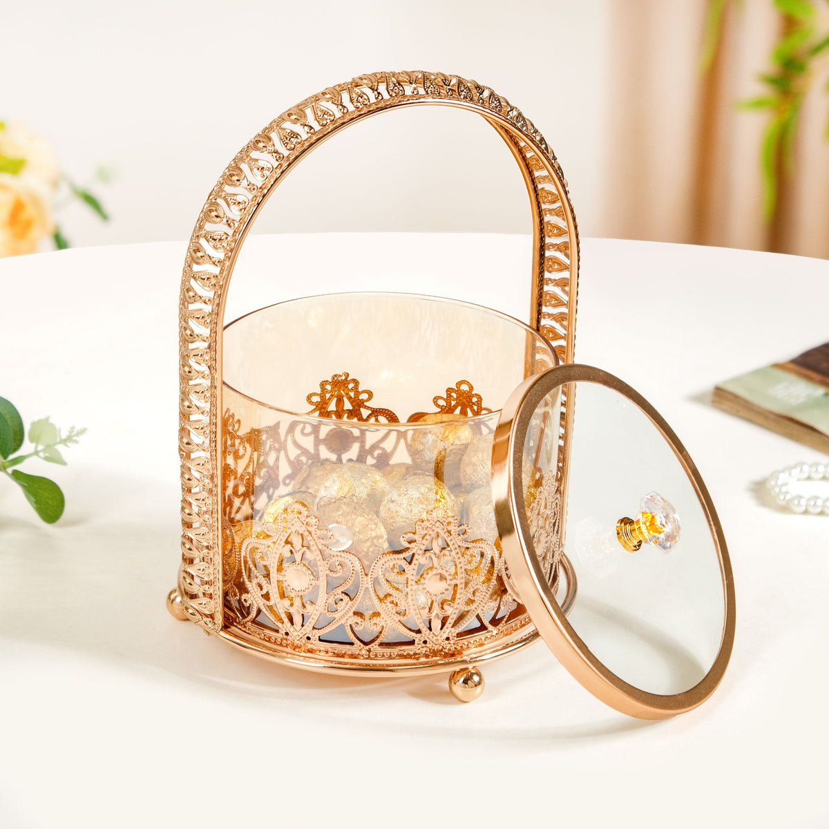 Decorative Glass Candy Jar With Handle And Lid Nestasia