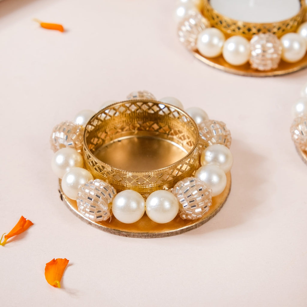 Set Of 6 Artificial Champagne Pearl Tealight Holders Nestasia