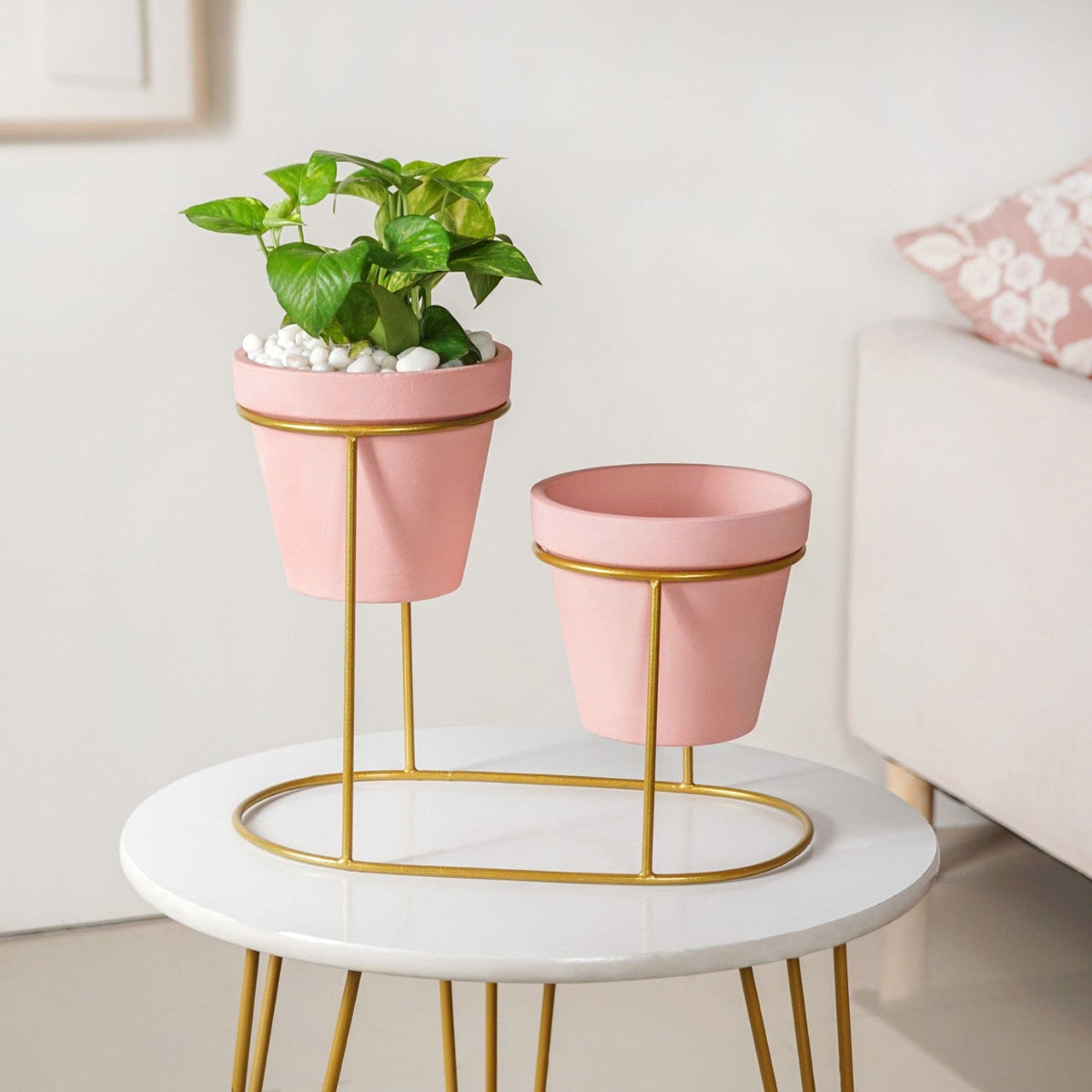 TerraDuo Decorative Planters With Two Tier Gold Stand Pink Nestasia