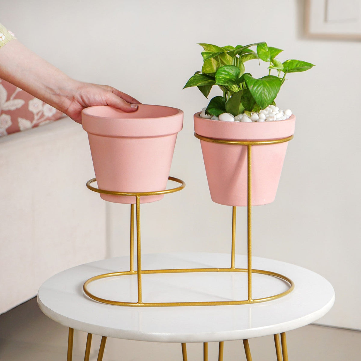 TerraDuo Decorative Planters With Two Tier Gold Stand Pink Nestasia