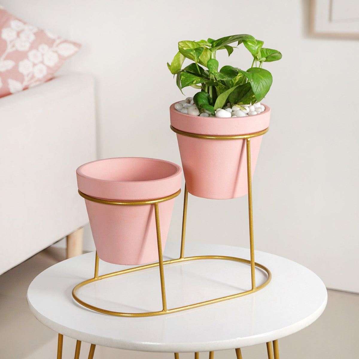 TerraDuo Decorative Planters With Two Tier Gold Stand Pink Nestasia