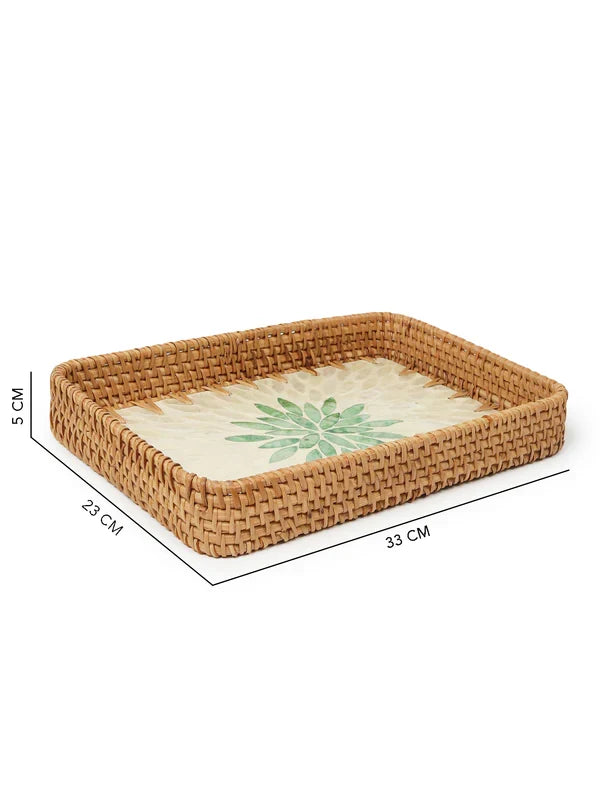 Decorative Green Rangoli Mosaic Cane Tray for Coffee Table and Kitchen Serving