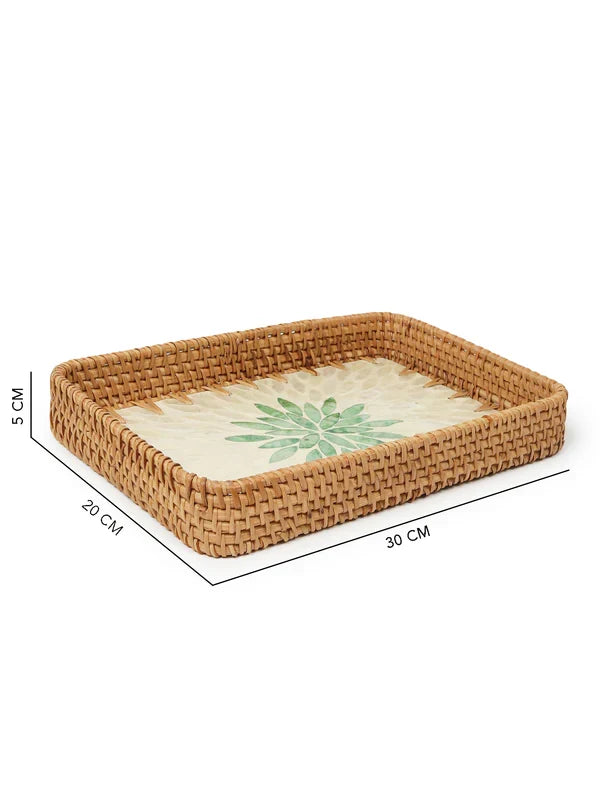 Decorative Green Rangoli Mosaic Cane Tray for Coffee Table and Kitchen Serving