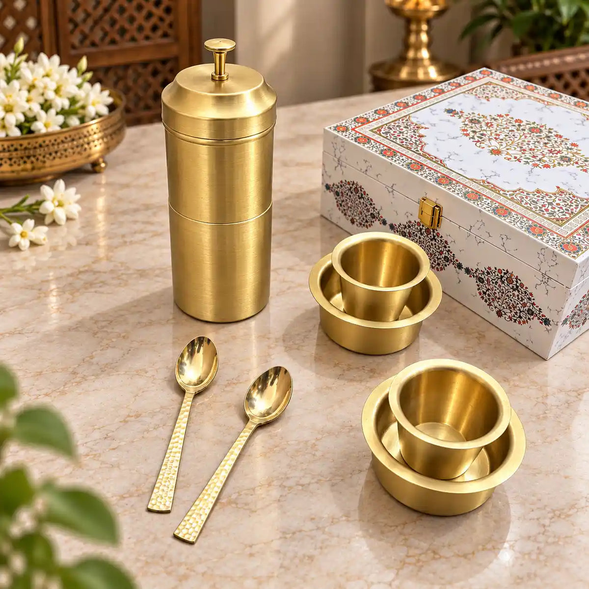 Brass Coffee Filter & Davara Set – Traditional South Indian Coffee Maker Gift Hamper Vedansh Craft