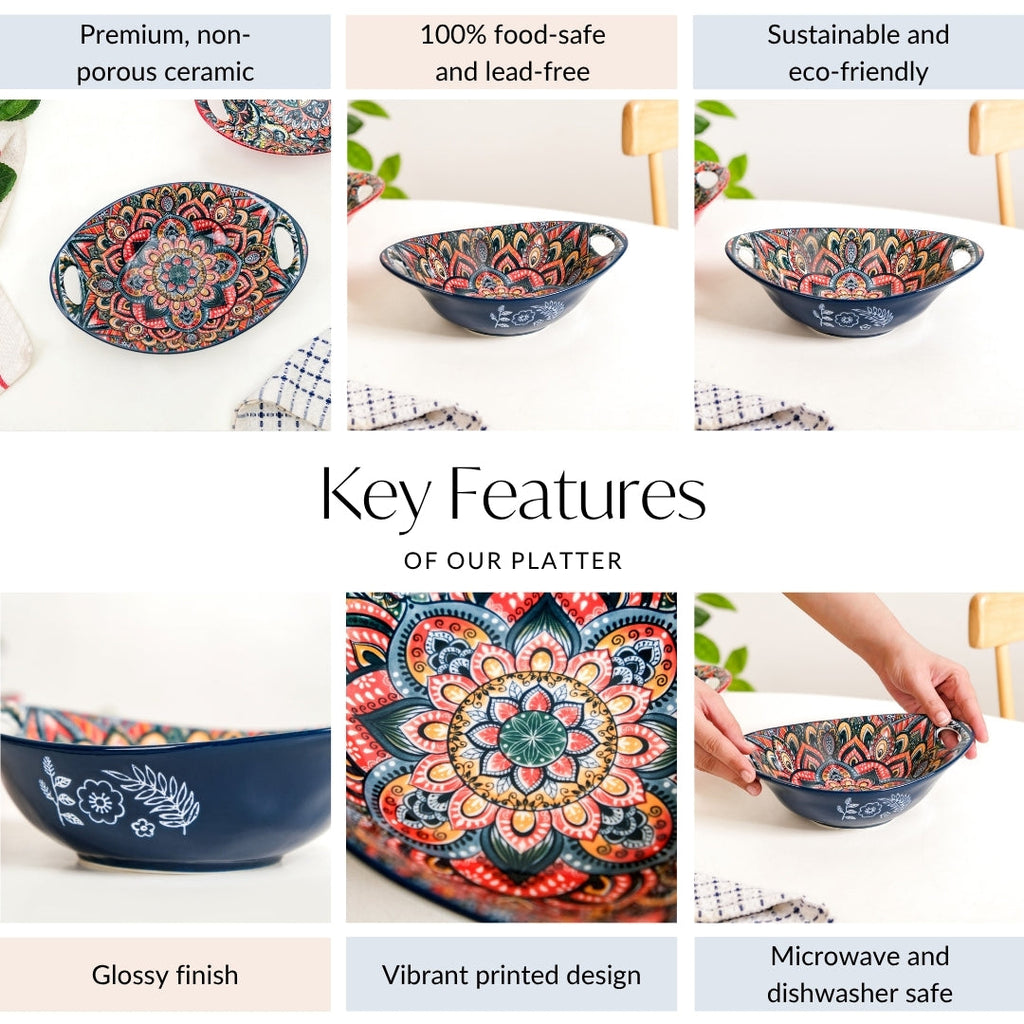 Mandala Melange Ceramic Long Dish With Handles Blue 400ml Nestasia