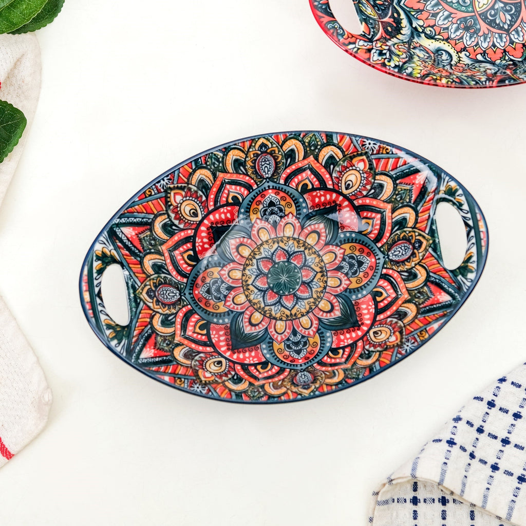 Mandala Melange Ceramic Long Dish With Handles Blue 400ml Nestasia