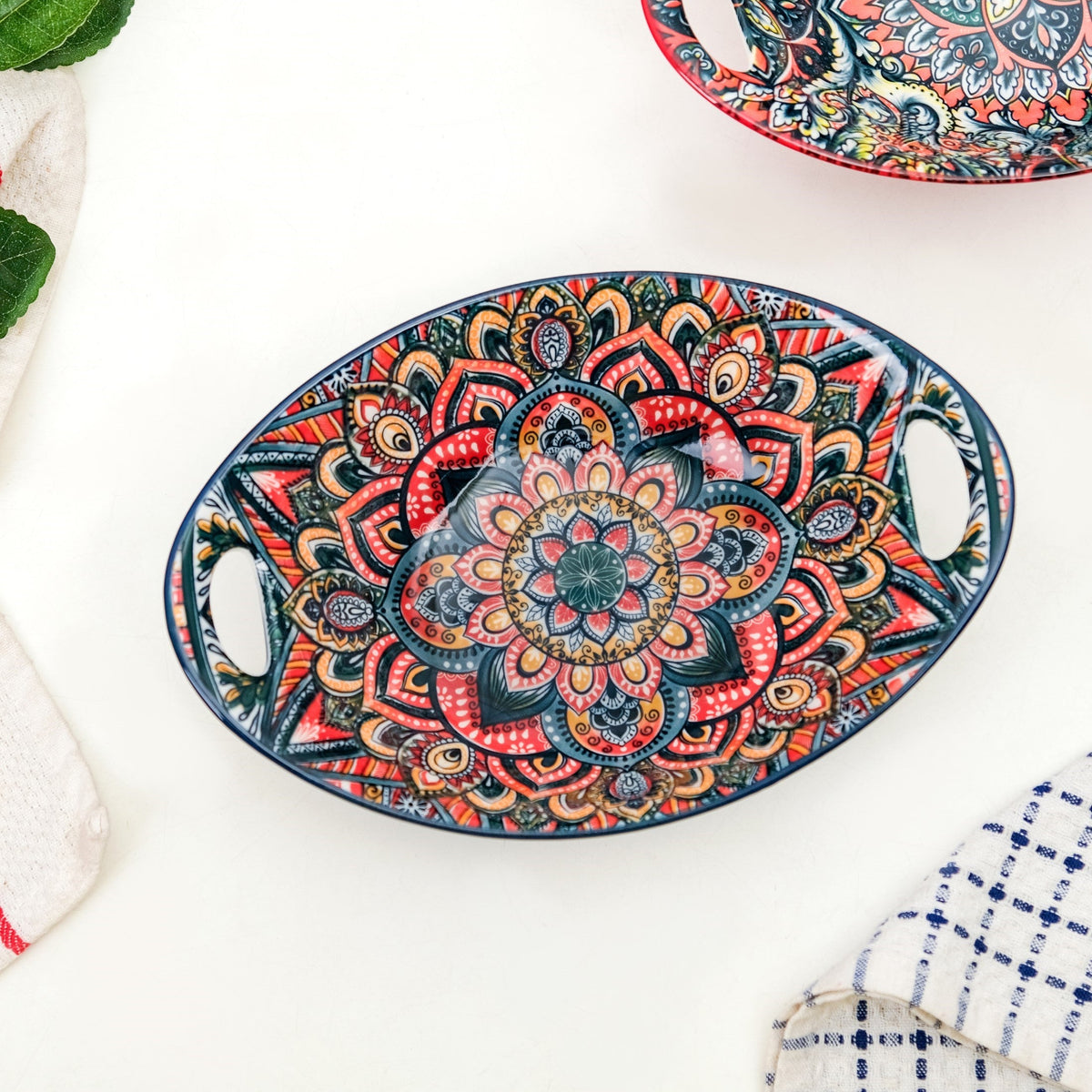 Mandala Melange Ceramic Long Dish With Handles Blue 400ml Nestasia