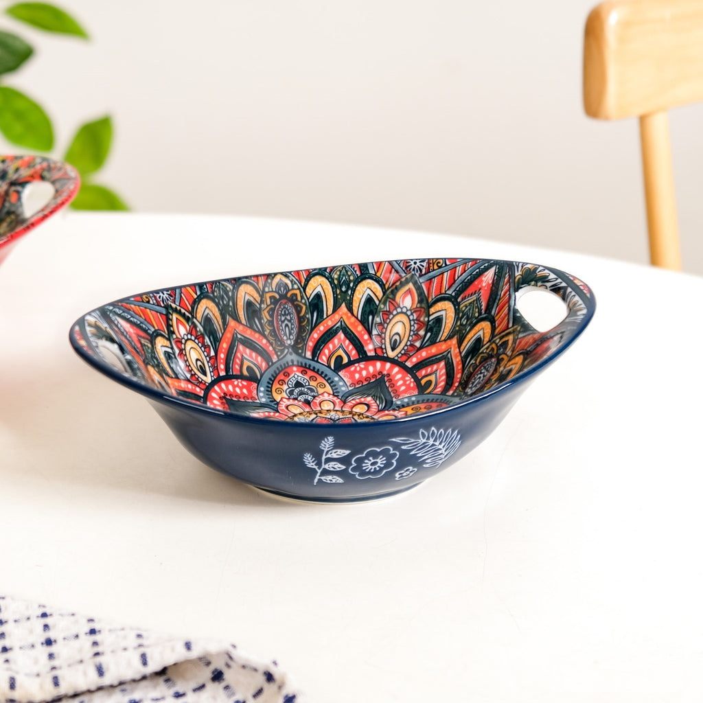 Mandala Melange Ceramic Long Dish With Handles Blue 400ml Nestasia