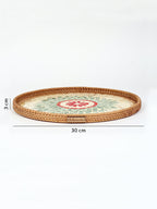 Rustic Handmade Round Cane Tray with Rangoli Mosaic for Stylish Serving and Display