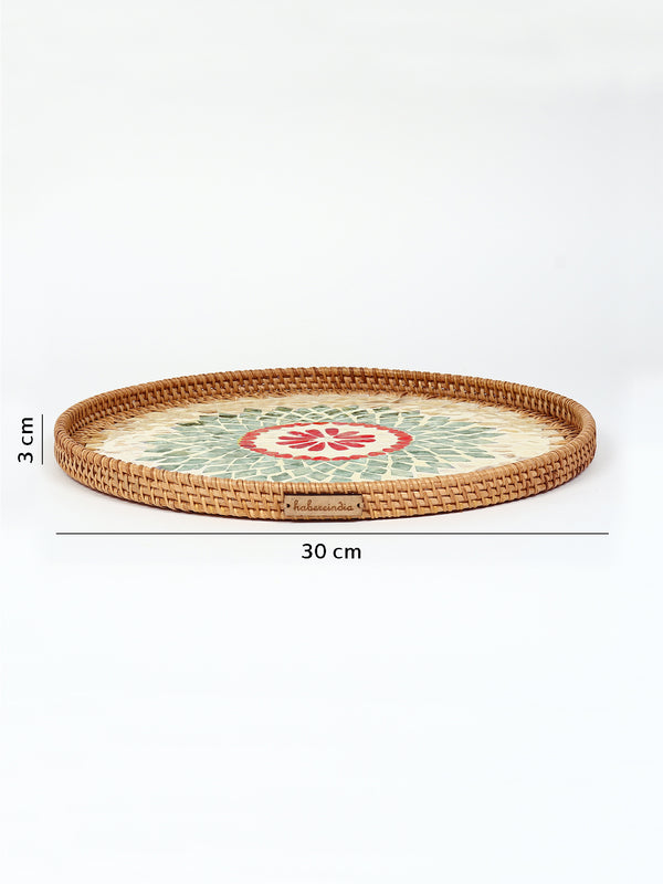 Rustic Handmade Round Cane Tray with Rangoli Mosaic for Stylish Serving and Display