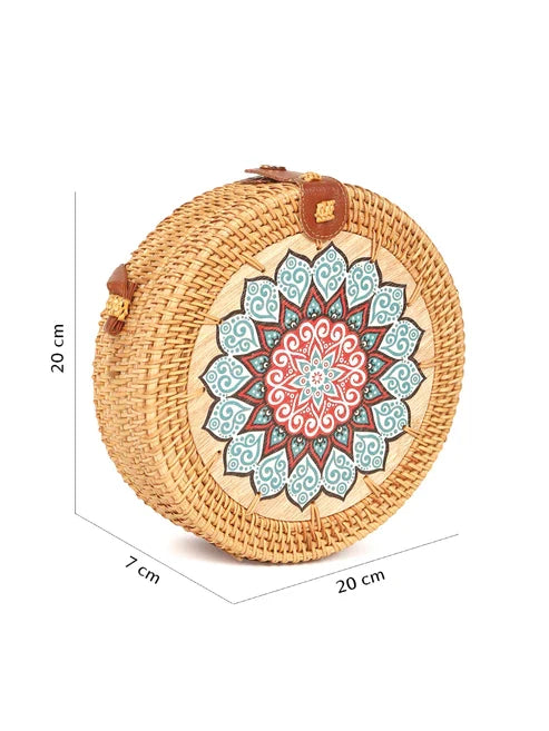 Handwoven Round Rattan Sling Bag for Beach, Travel, and Casual Outfits