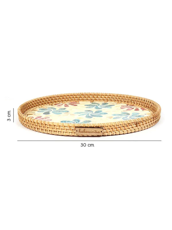 Handwoven Round Cane Tray with Colorful Flower Mosaic for Serving and Decorative Use