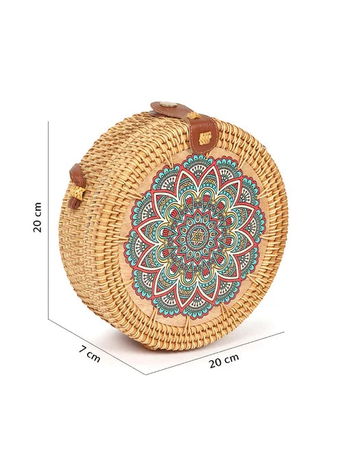 Handwoven Round Rattan Sling Bag for Beach Trips, Travel, and Casual Wear