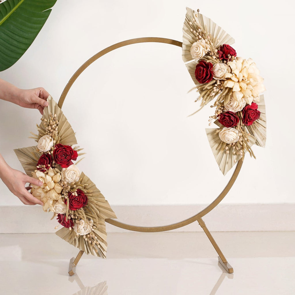 Golden Round Metal Backdrop Stand With Rose Decorations 28 Inch Nestasia