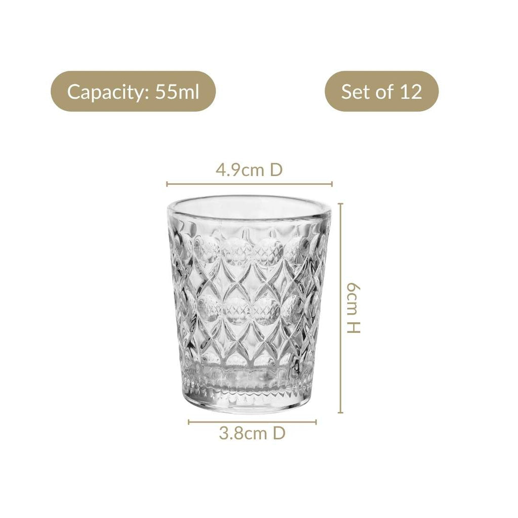 Diamond Embossed Shot Glass Set Of 12 55ml Nestasia