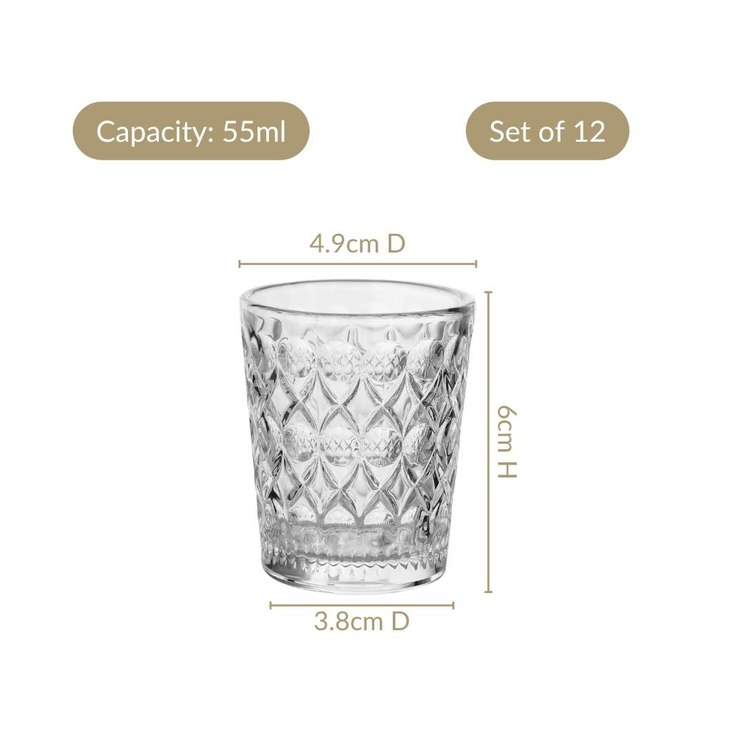 Diamond Embossed Shot Glass Set Of 12 55ml Nestasia