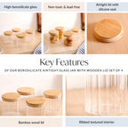 Borosilicate Airtight Glass Jar With Wooden Lid Set Of 4 Ribbed Design 610ml Nestasia