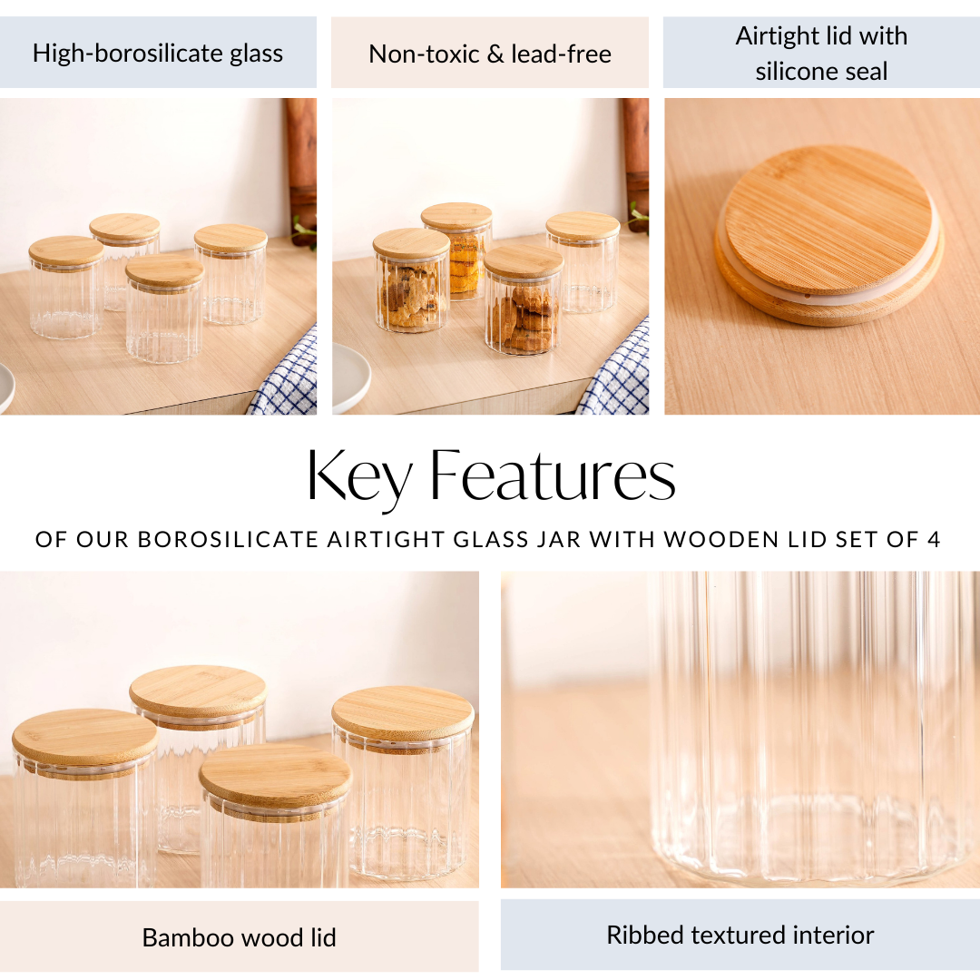 Borosilicate Airtight Glass Jar With Wooden Lid Set Of 4 Ribbed Design 610ml Nestasia