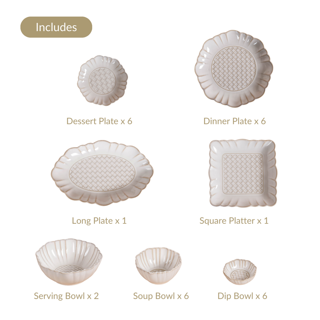 White Stoneware Design 28-Piece Dinner Set For 6 Nestasia