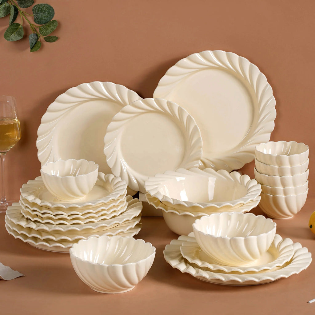 22 Piece Scallop Cream Luxury Dinner Set For 6 Nestasia