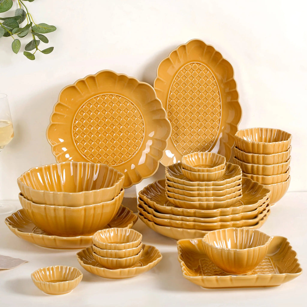 Luxury Texture 28 Piece Dinner Set For 6 Ochre Yellow Nestasia