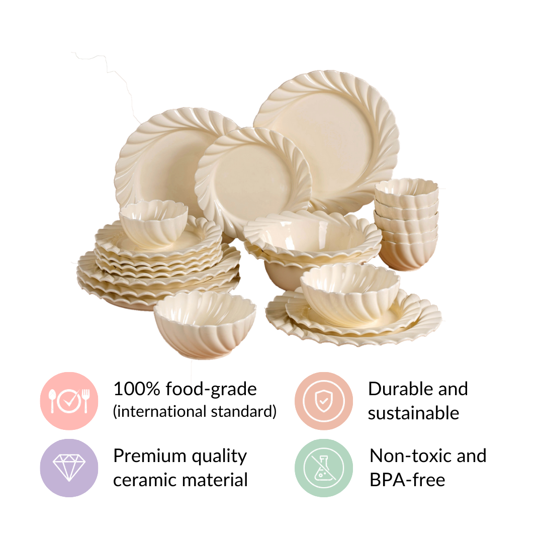 22 Piece Scallop Cream Luxury Dinner Set For 6 Nestasia