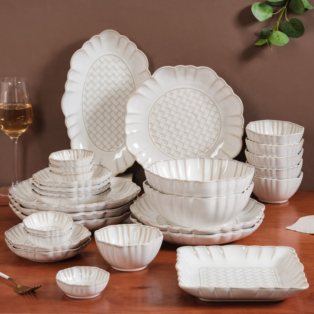 White Stoneware Design 28-Piece Dinner Set For 6 Nestasia