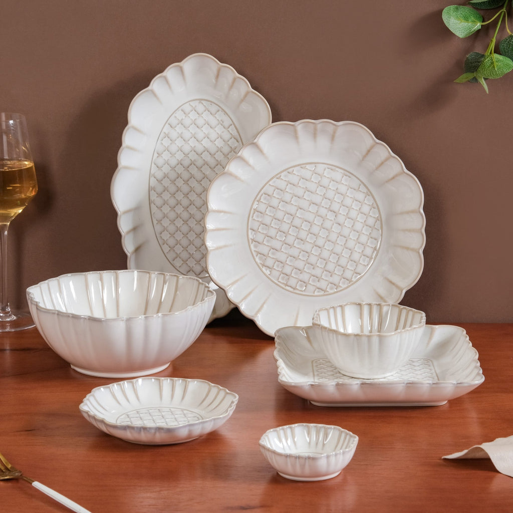 White Stoneware Design 28-Piece Dinner Set For 6 Nestasia