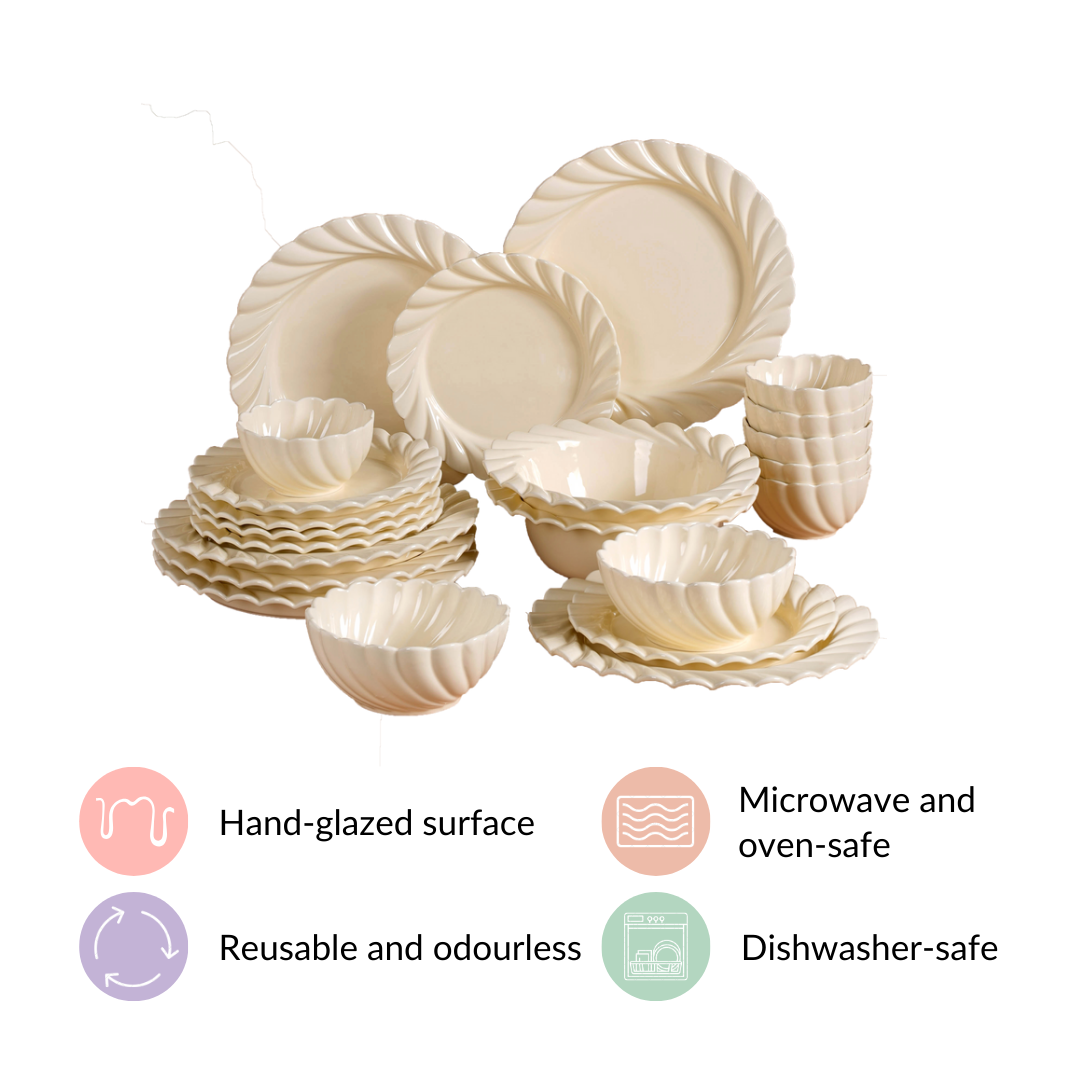 22 Piece Scallop Cream Luxury Dinner Set For 6 Nestasia
