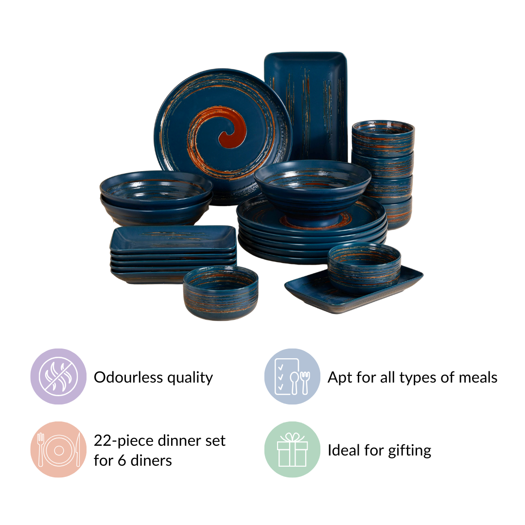 Stoneware Matte 22-Piece Dinner Set For 6 Blue Nestasia