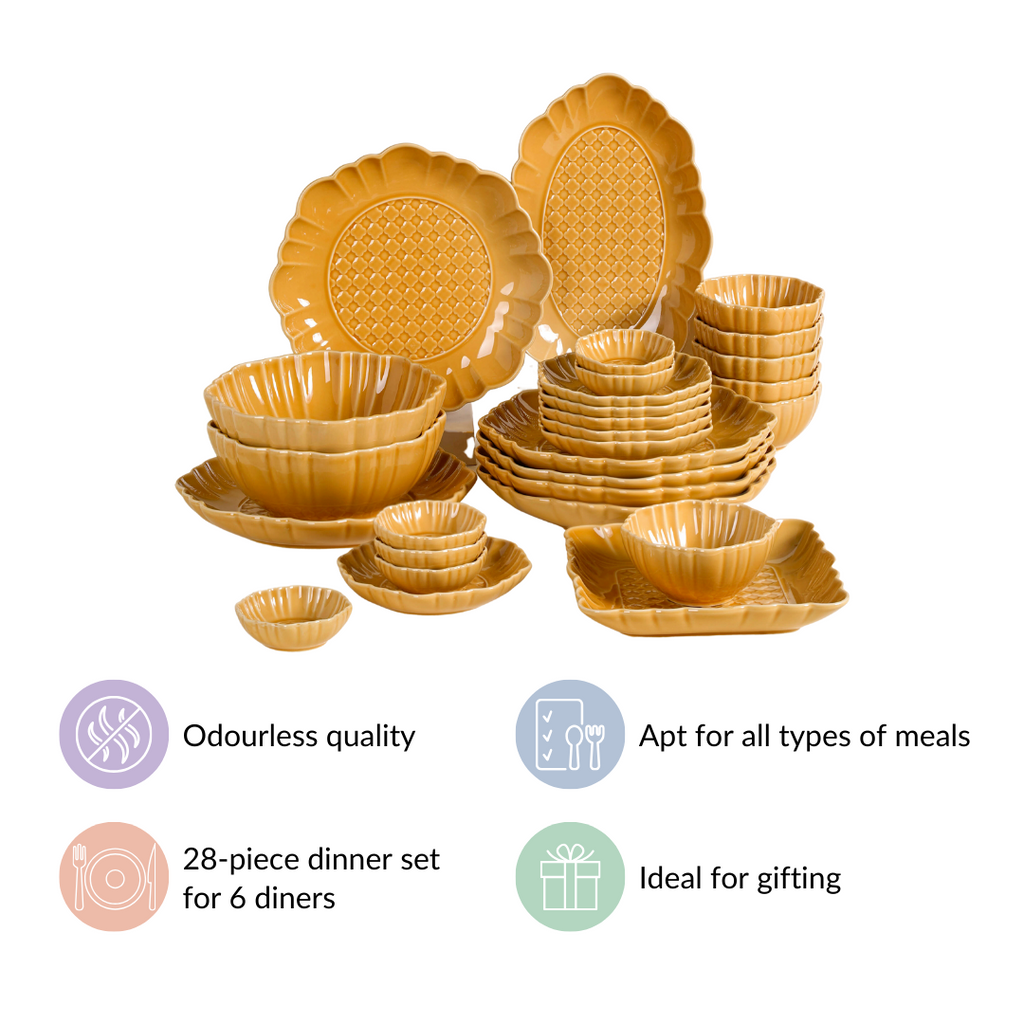 Luxury Texture 28 Piece Dinner Set For 6 Ochre Yellow Nestasia