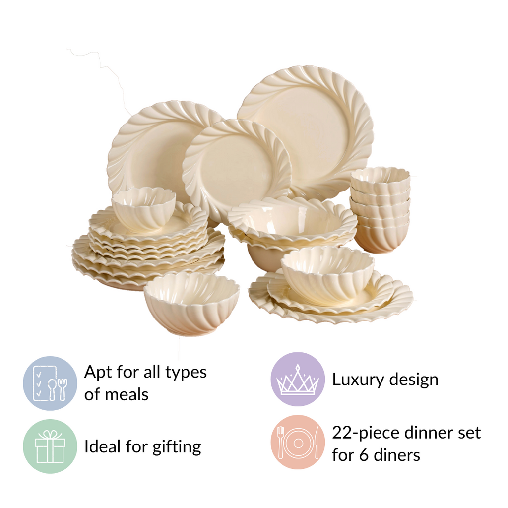 22 Piece Scallop Cream Luxury Dinner Set For 6 Nestasia