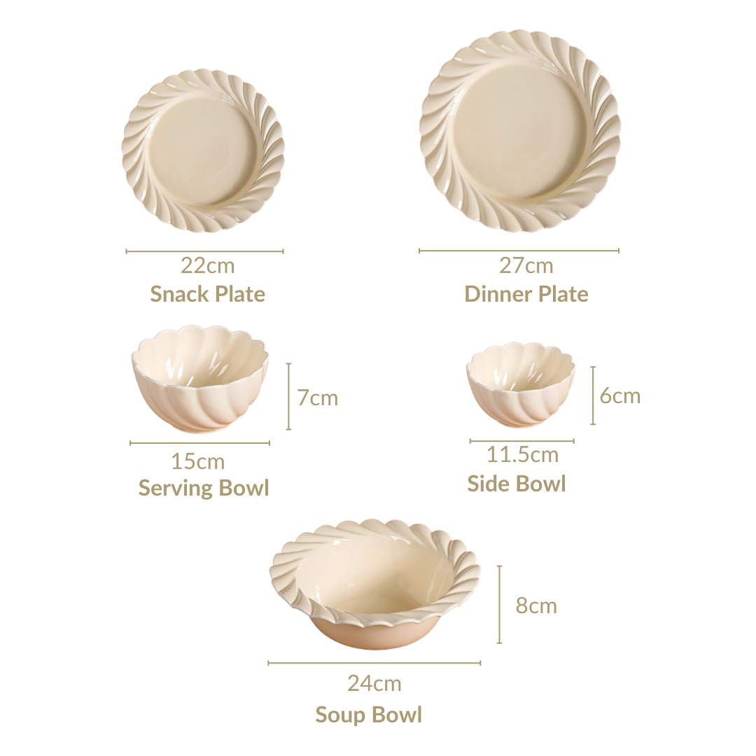 22 Piece Scallop Cream Luxury Dinner Set For 6 Nestasia