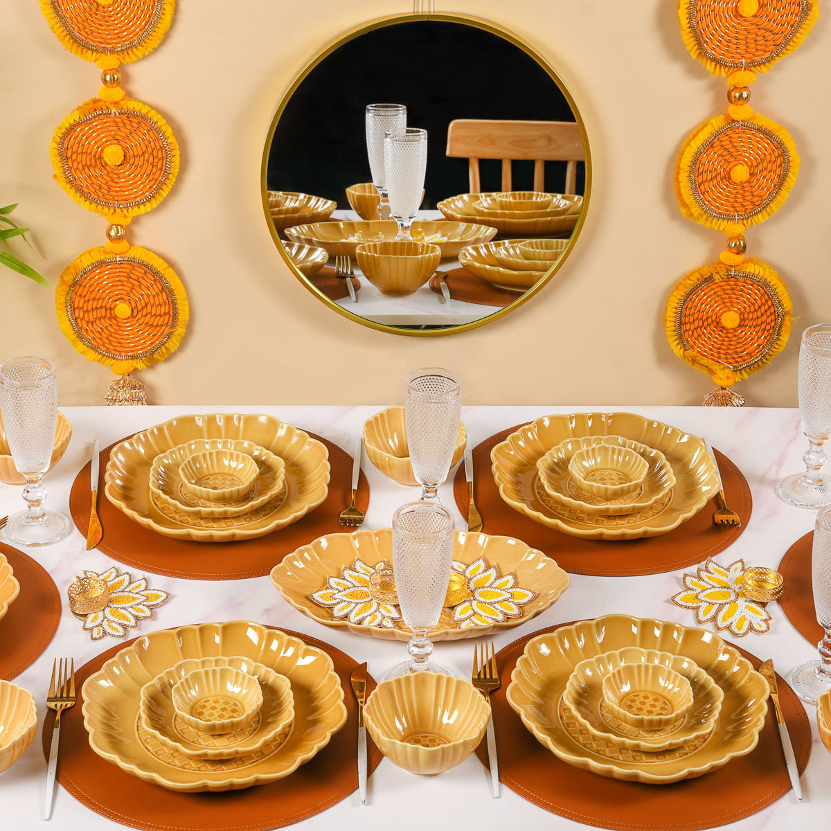 Luxury Texture 28 Piece Dinner Set For 6 Ochre Yellow Nestasia