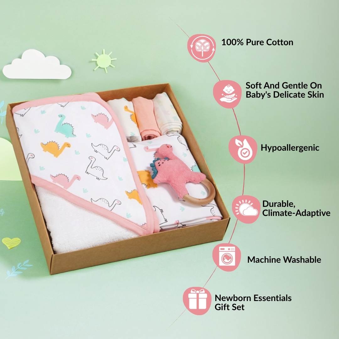 Dino Baby Hamper With Swaddle Towel Napkin Rattle Set Of 6