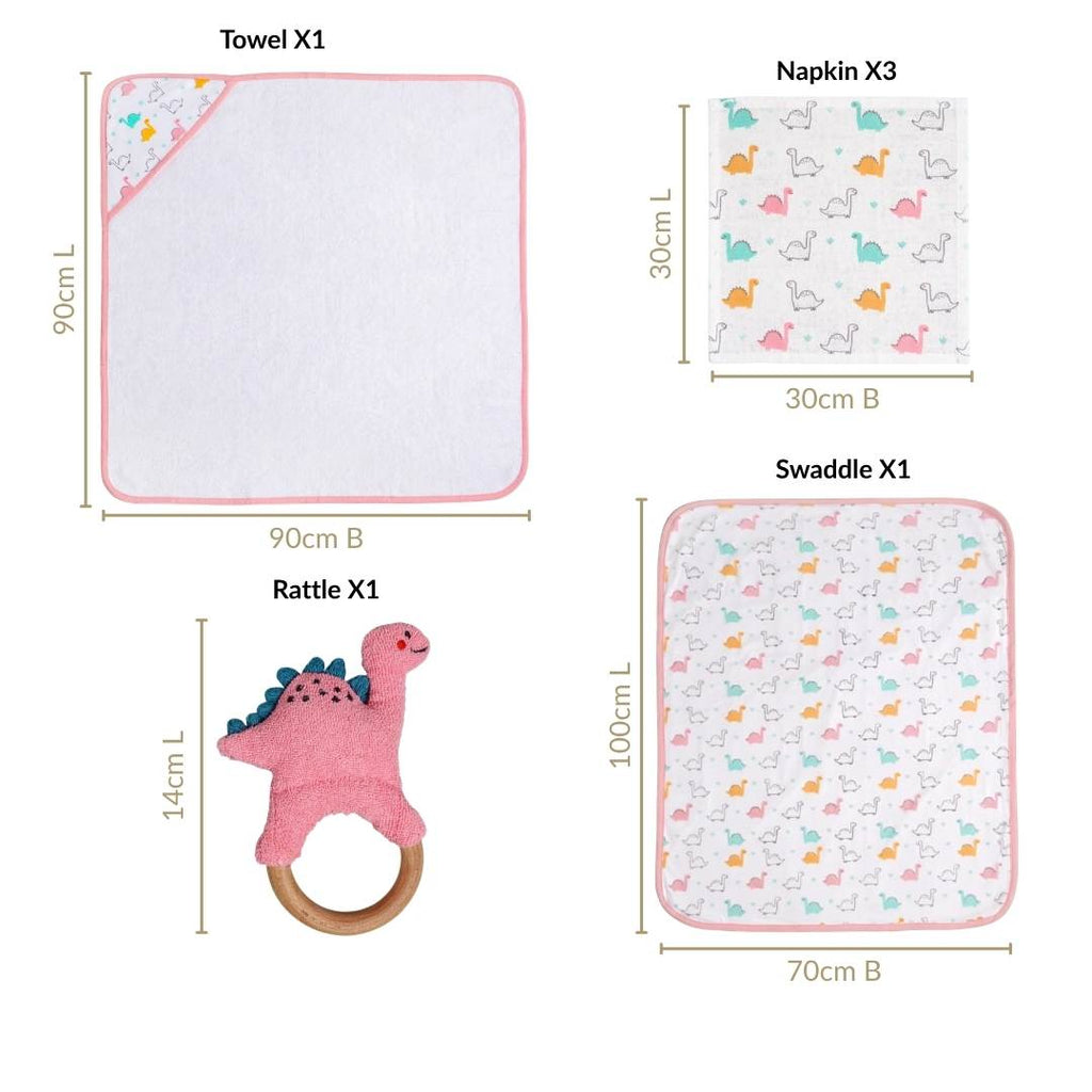 Dino Baby Hamper With Swaddle Towel Napkin Rattle Set Of 6
