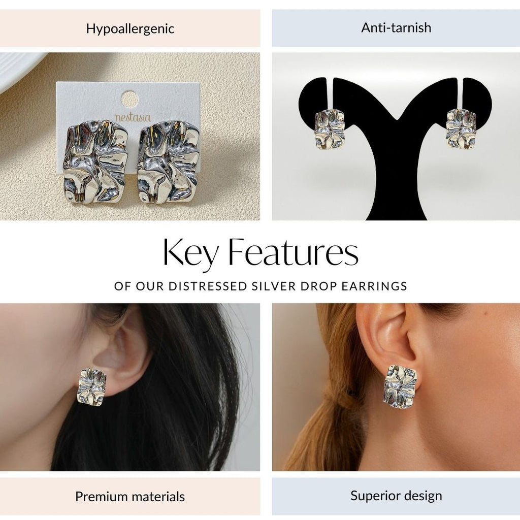 Distressed Silver Drop Earrings Nestasia