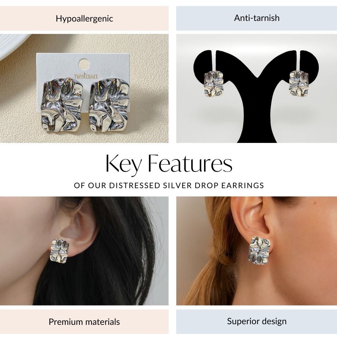 Distressed Silver Drop Earrings Nestasia