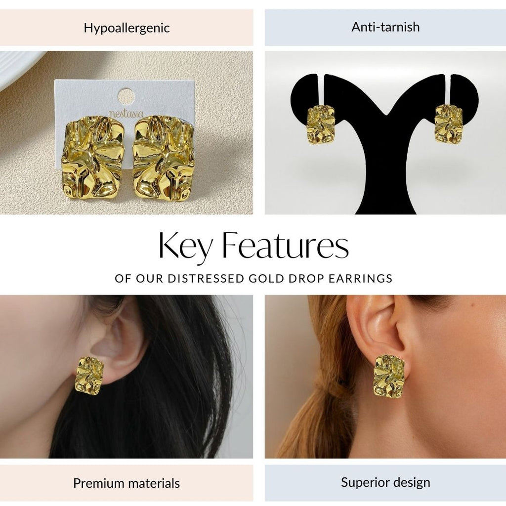Distressed Gold Drop Earrings Nestasia