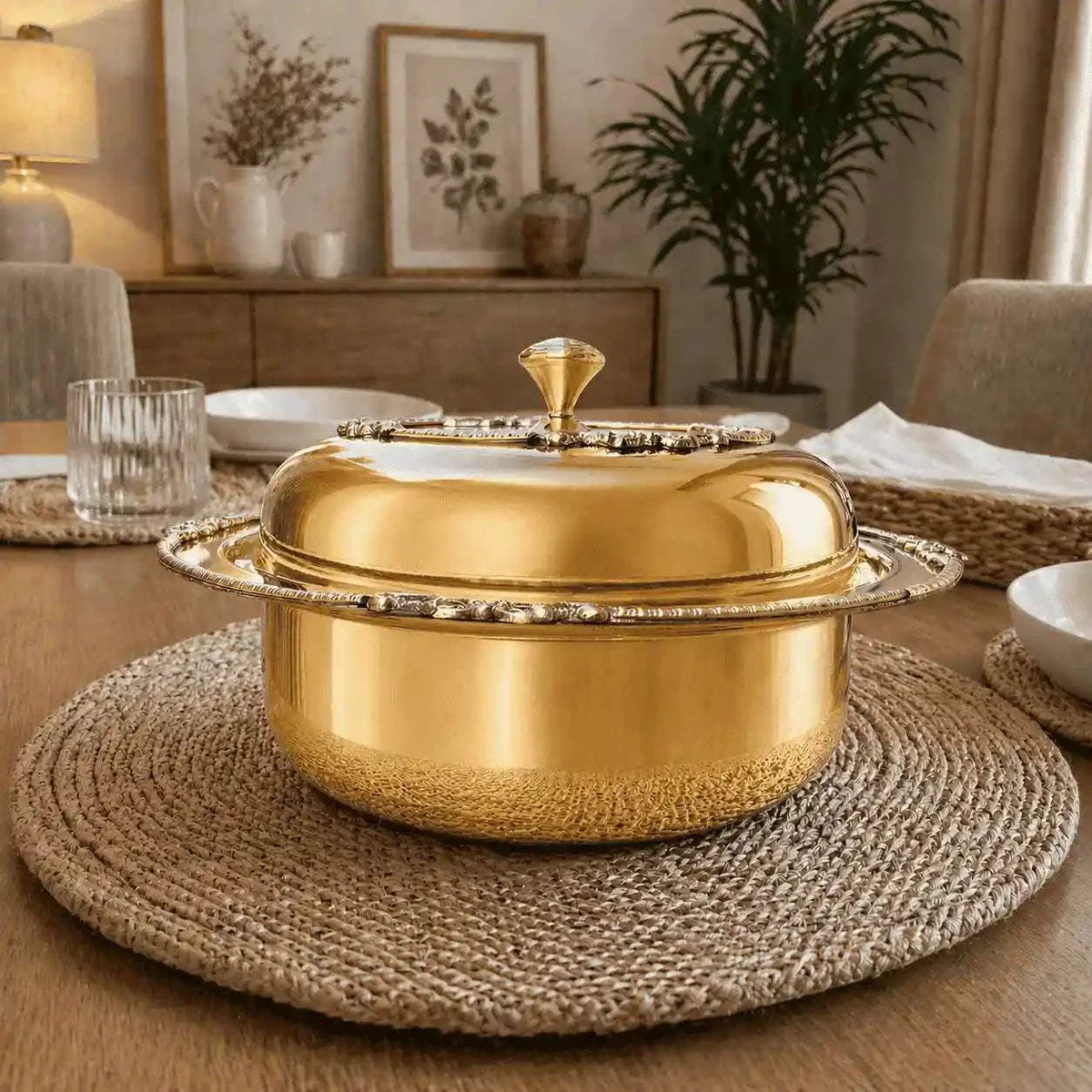 Brass Embossed Design Serving Pot/Casserole Donga With Lid (5.5 Inch) Vedansh Craft