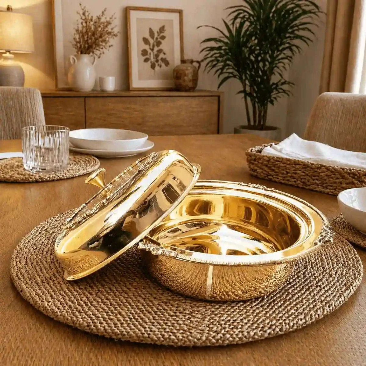 Brass Embossed Design Serving Pot/Casserole Donga With Lid (5.5 Inch) Vedansh Craft