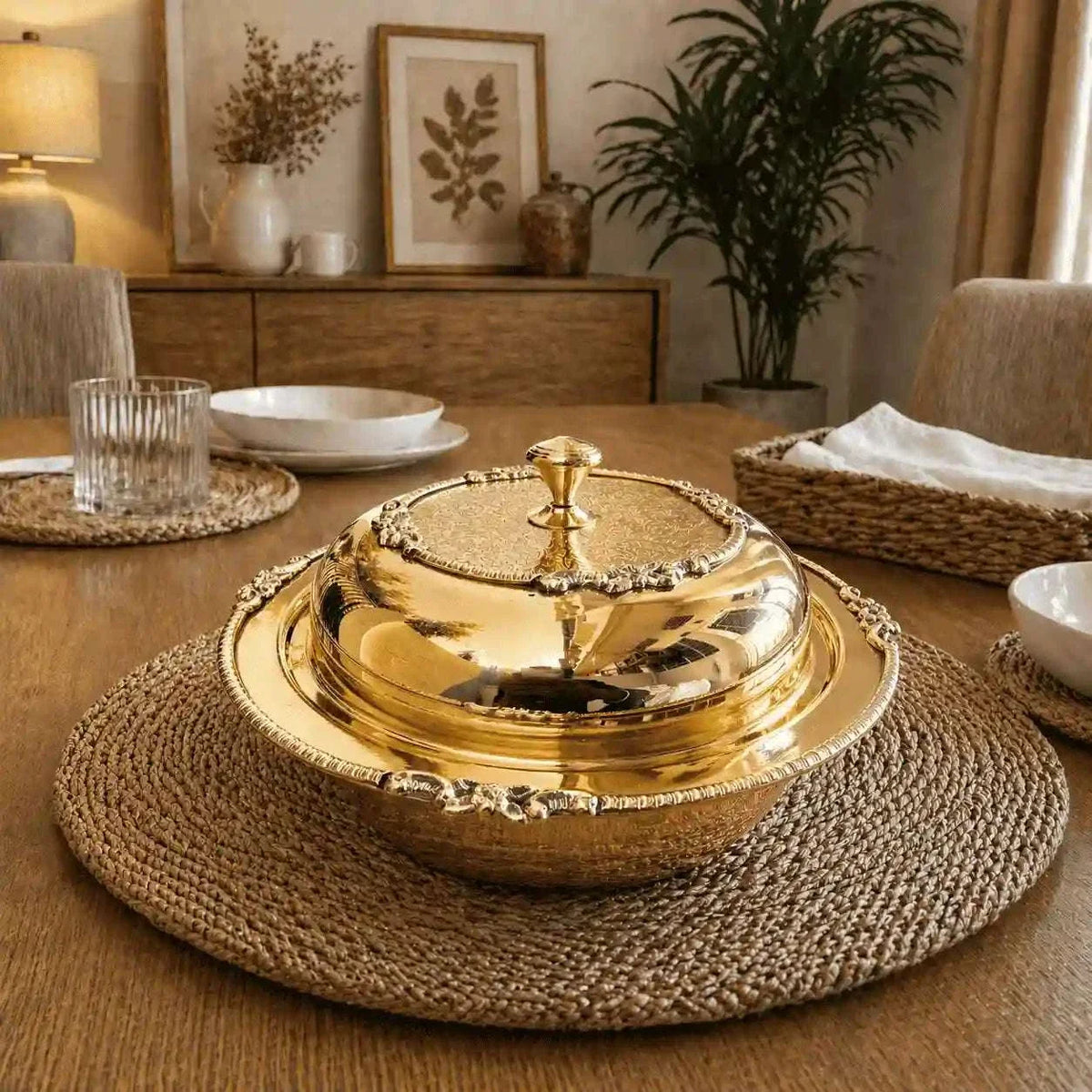 Brass Embossed Design Serving Pot/Casserole Donga With Lid (5.5 Inch) Vedansh Craft