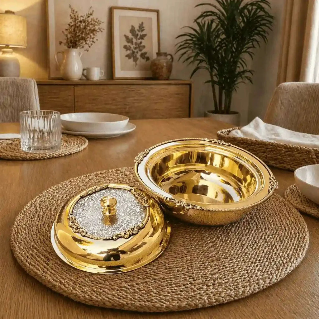 Brass Embossed Design Serving Pot/Casserole Donga With Lid (5.5 Inch) Vedansh Craft